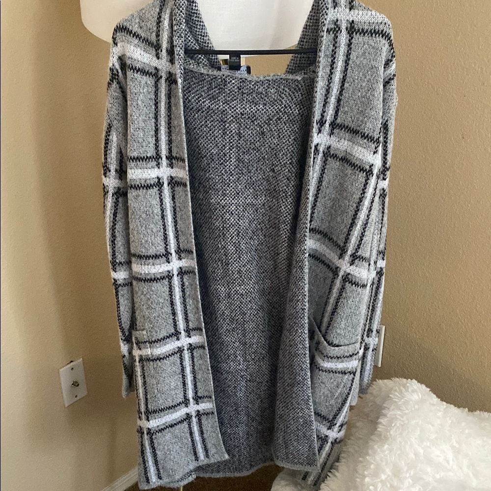 Gray Plaid Open Front Sweater